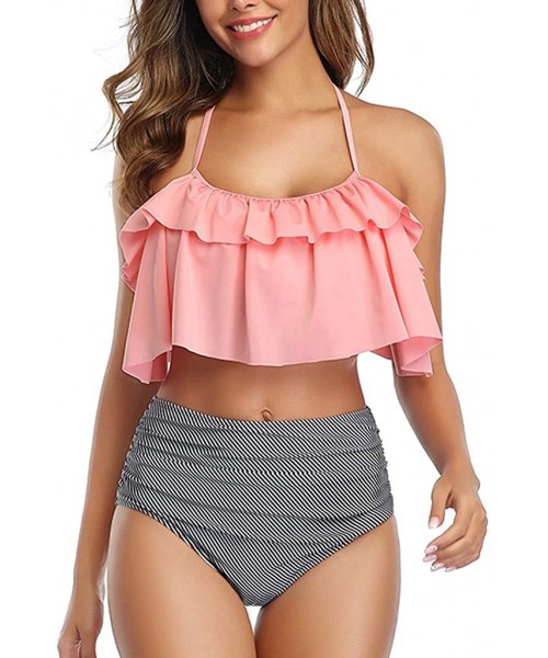 Sets Ruffle Swimsuits for Women High Waisted Two Piece Bathing Suits Off Shoulder Swimwear Ruffled Bikini Set - D-pink - CB19...