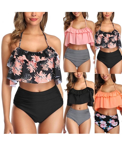 Sets Ruffle Swimsuits for Women High Waisted Two Piece Bathing Suits Off Shoulder Swimwear Ruffled Bikini Set - D-pink - CB19...