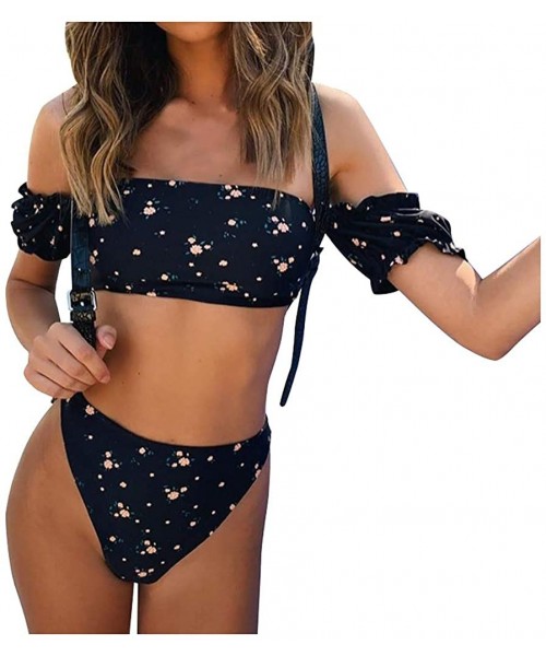 Tops Floral Bikini- Buckle Swimsuit for Women High Waist Bathing Suit for Juniors Cute Thong Swimwear - Navy - C7193GWSZYN