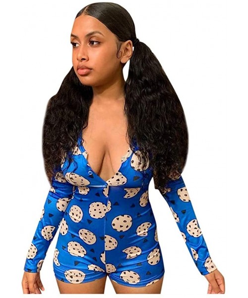 Tops Store Women Cute Print V-Neck One Piece Bodysuit Bodycon Rompers Overall Sleepwear - Blue - CF194TIQQOR