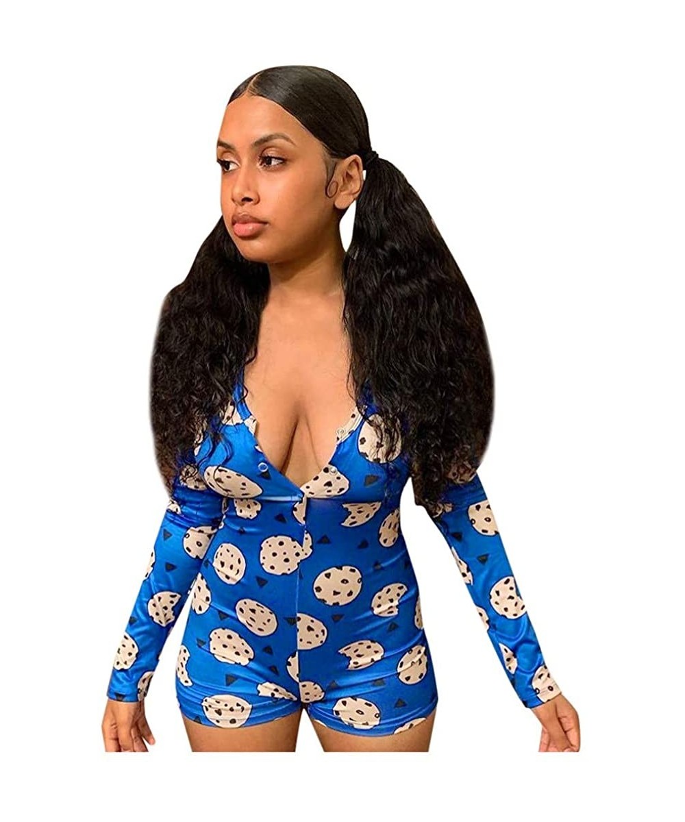 Tops Store Women Cute Print V-Neck One Piece Bodysuit Bodycon Rompers Overall Sleepwear - Blue - CF194TIQQOR