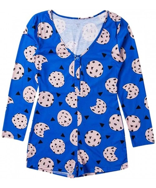 Tops Store Women Cute Print V-Neck One Piece Bodysuit Bodycon Rompers Overall Sleepwear - Blue - CF194TIQQOR