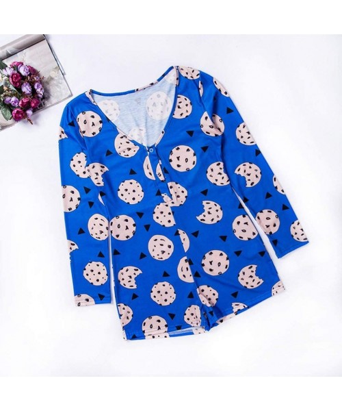 Tops Store Women Cute Print V-Neck One Piece Bodysuit Bodycon Rompers Overall Sleepwear - Blue - CF194TIQQOR