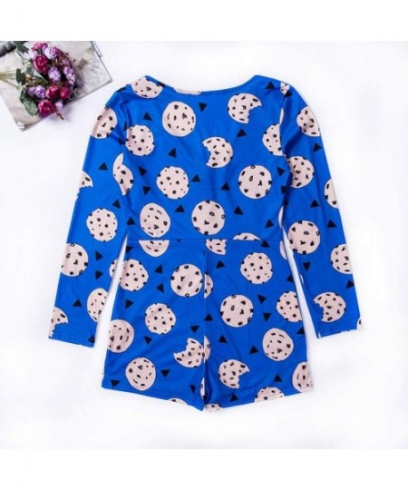 Tops Store Women Cute Print V-Neck One Piece Bodysuit Bodycon Rompers Overall Sleepwear - Blue - CF194TIQQOR