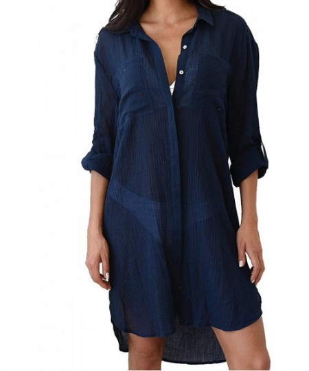 Cover-Ups Women Casual Bikini Swimsuit Cover Up Blouses Short Beach Tunic Dress - Cover Up Shirt Navy-6215 - CY190ROW4LN