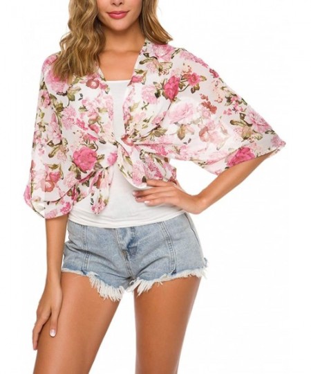 Cover-Ups Women Floral Flowy Kimono Cardigan Long Bikini Beach Cover Up Loose Tops - Pink Floral - CM18SEXILOM