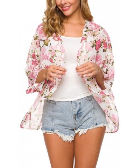 Cover-Ups Women Floral Flowy Kimono Cardigan Long Bikini Beach Cover Up Loose Tops - Pink Floral - CM18SEXILOM