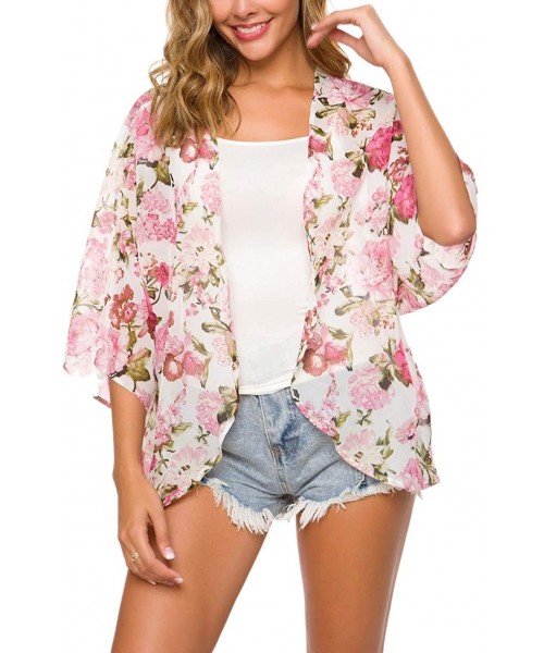 Cover-Ups Women Floral Flowy Kimono Cardigan Long Bikini Beach Cover Up Loose Tops - Pink Floral - CM18SEXILOM