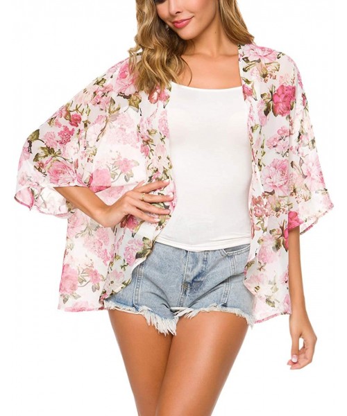 Cover-Ups Women Floral Flowy Kimono Cardigan Long Bikini Beach Cover Up Loose Tops - Pink Floral - CM18SEXILOM