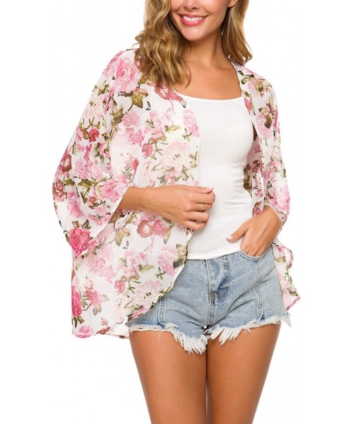 Cover-Ups Women Floral Flowy Kimono Cardigan Long Bikini Beach Cover Up Loose Tops - Pink Floral - CM18SEXILOM