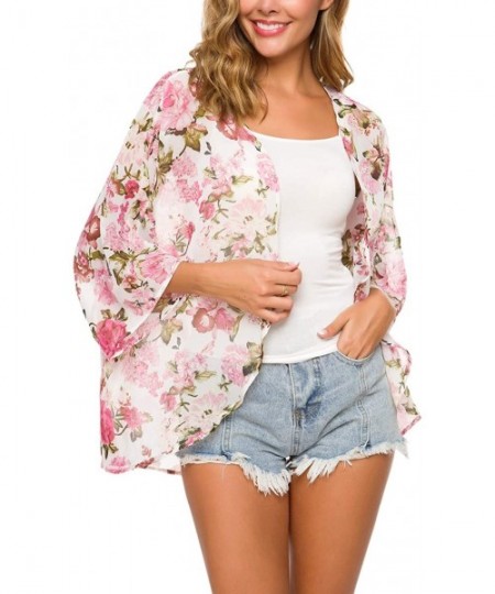 Cover-Ups Women Floral Flowy Kimono Cardigan Long Bikini Beach Cover Up Loose Tops - Pink Floral - CM18SEXILOM