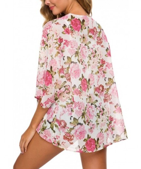 Cover-Ups Women Floral Flowy Kimono Cardigan Long Bikini Beach Cover Up Loose Tops - Pink Floral - CM18SEXILOM