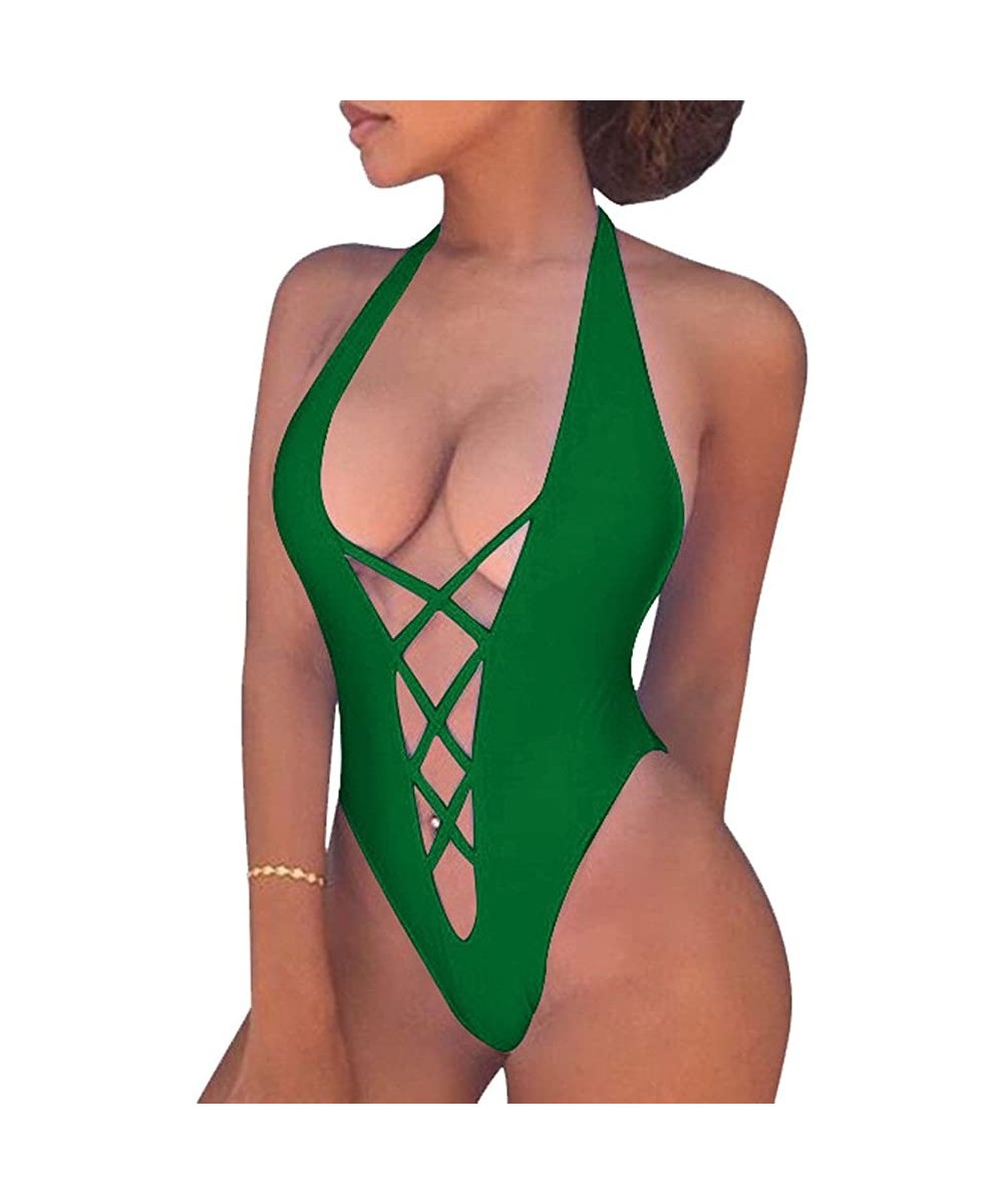 One-Pieces Women's Summer Sexy Lace Up Halter Monokini One Piece Swimsuit - Green - CQ18DMYCI55