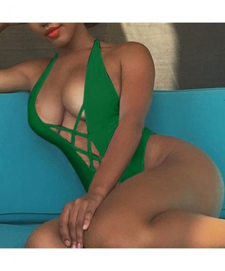 One-Pieces Women's Summer Sexy Lace Up Halter Monokini One Piece Swimsuit - Green - CQ18DMYCI55