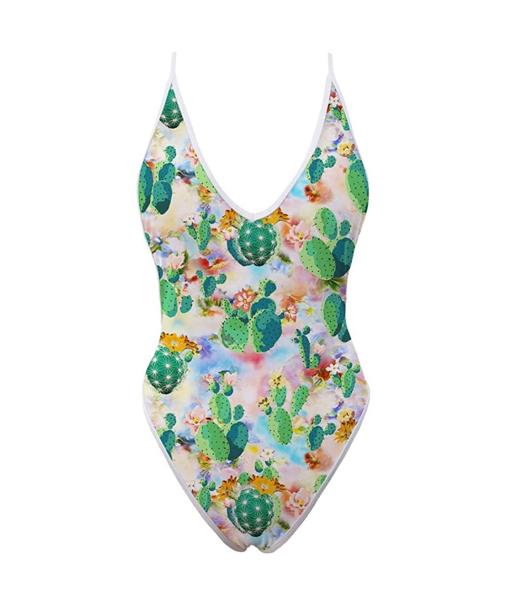 One-Pieces Sleeveless V Neck Suspender Swimming Suit Cactus Flower Leaf Prints Women's High Cut Bathing Suits Monokini - Cact...