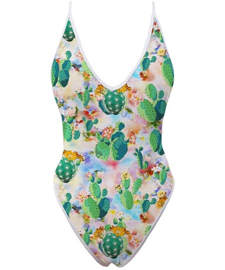 One-Pieces Sleeveless V Neck Suspender Swimming Suit Cactus Flower Leaf Prints Women's High Cut Bathing Suits Monokini - Cact...