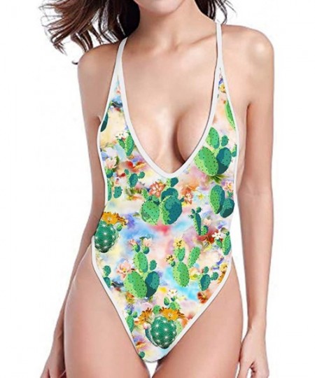 One-Pieces Sleeveless V Neck Suspender Swimming Suit Cactus Flower Leaf Prints Women's High Cut Bathing Suits Monokini - Cact...