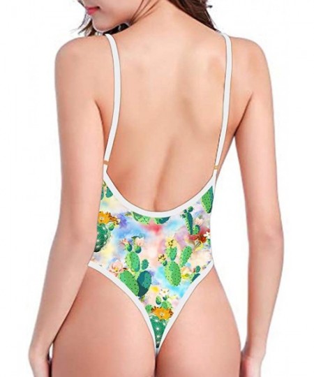 One-Pieces Sleeveless V Neck Suspender Swimming Suit Cactus Flower Leaf Prints Women's High Cut Bathing Suits Monokini - Cact...