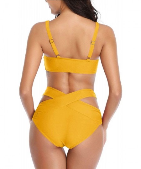 Sets Women Bikini Set High Waist Two Piece Tie Knot Cutout Swimsuit Push Up Bathing Suits Bandage Bottom for Junior Yellow - ...