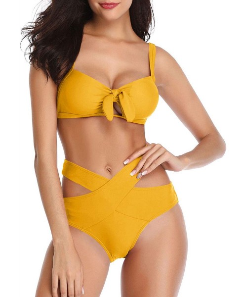 Sets Women Bikini Set High Waist Two Piece Tie Knot Cutout Swimsuit Push Up Bathing Suits Bandage Bottom for Junior Yellow - ...