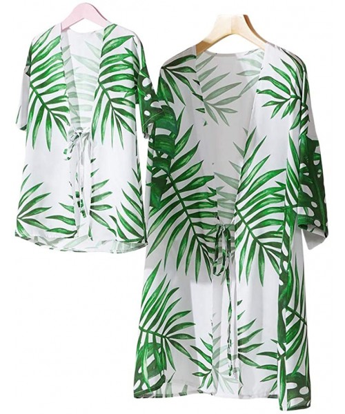 Cover-Ups Women's Swimsuit Cover up Leaves Printed Chiffon Kimono Cardigan Mommy and Me Matching Summer Beachwear - CP19C73I38E