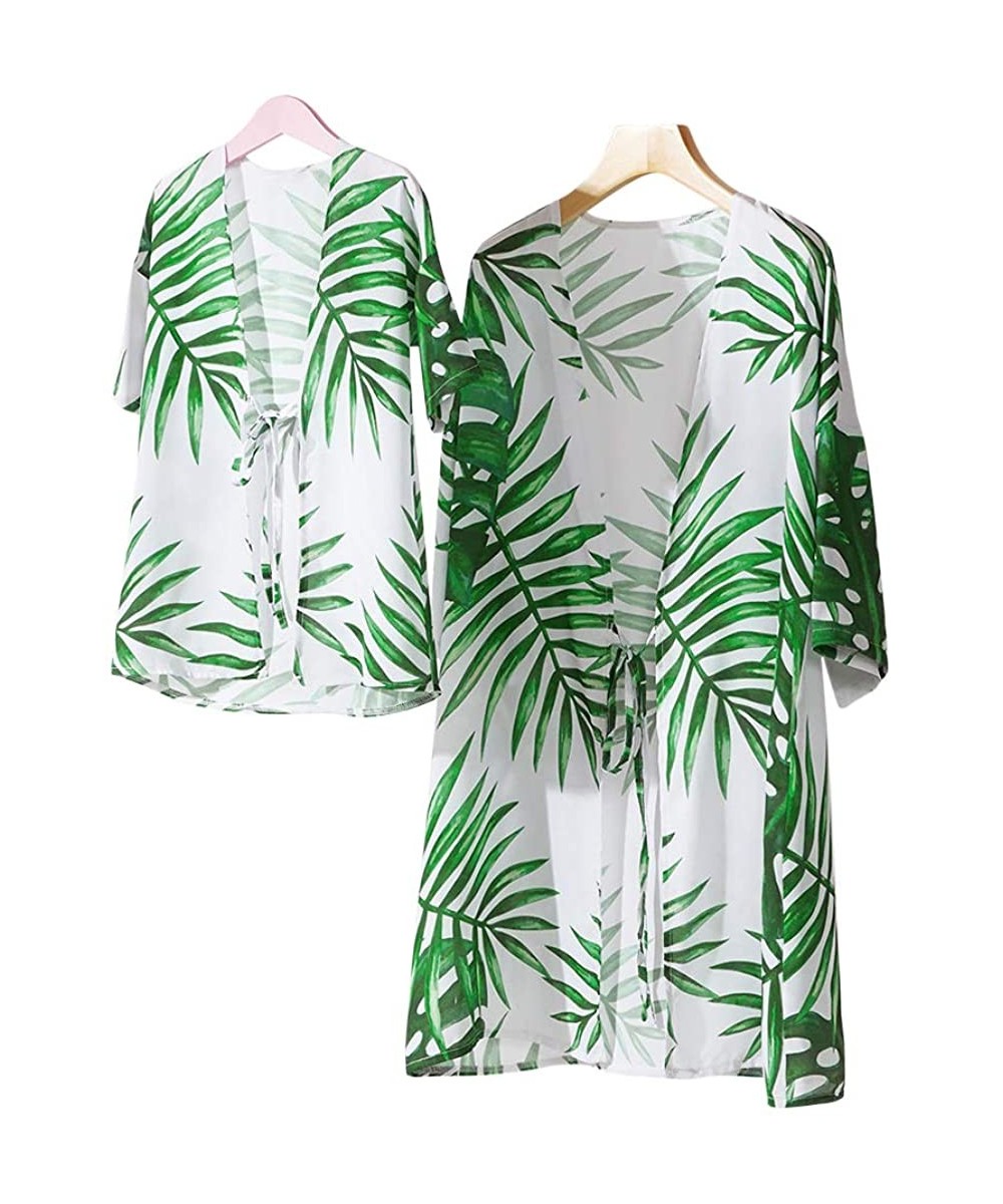 Cover-Ups Women's Swimsuit Cover up Leaves Printed Chiffon Kimono Cardigan Mommy and Me Matching Summer Beachwear - CP19C73I38E