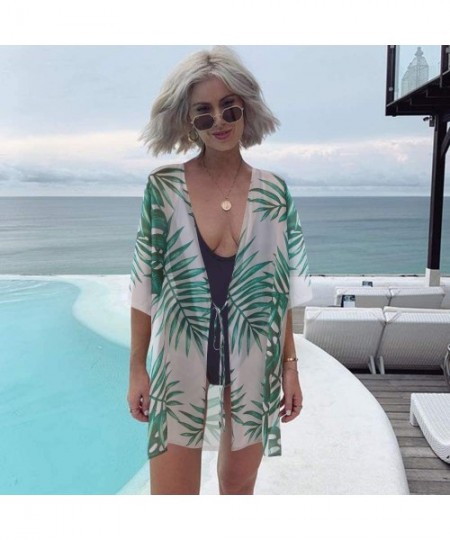 Cover-Ups Women's Swimsuit Cover up Leaves Printed Chiffon Kimono Cardigan Mommy and Me Matching Summer Beachwear - CP19C73I38E