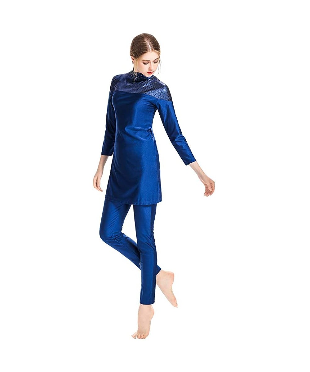 Tankinis Womens Modest Muslim Islamic Swimsuit Gradient Burkini with Swimsuit SPF 50+ - Blue - CF18STS3MX3