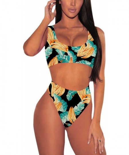 One-Pieces Women's Crop Top High Waisted Cheeky Bikini Set Two Piece Swimsuits - 03 - Turquoise - C418O7HTO94