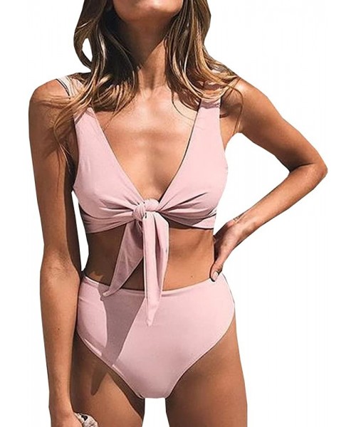 Sets Womens Sexy Tie Knot Front Bikini Swimsuits High Waisted 2 Piece Padded Bathing Suit - Pink - CN18D5QUHMW