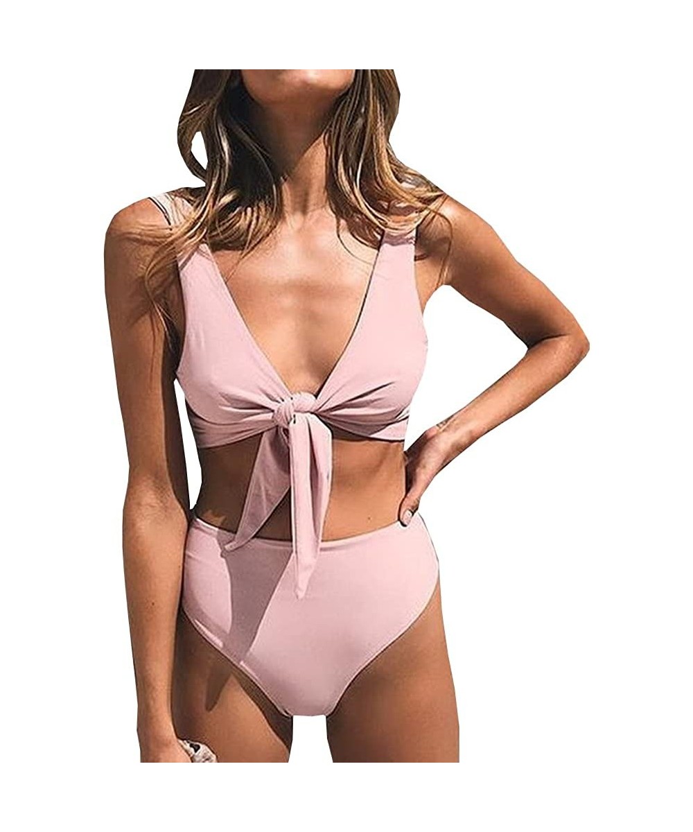 Sets Womens Sexy Tie Knot Front Bikini Swimsuits High Waisted 2 Piece Padded Bathing Suit - Pink - CN18D5QUHMW