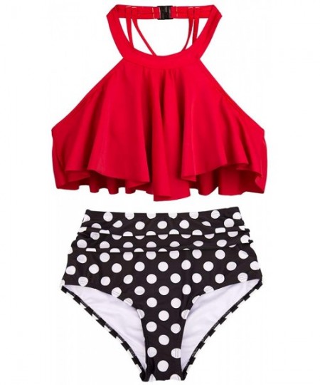 Sets Women Kids Retro Flounce High Waisted Bikini Halter Neck Two Piece Swimsuit - Red-adult-xl - CV18Q75O233