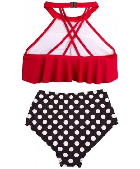 Sets Women Kids Retro Flounce High Waisted Bikini Halter Neck Two Piece Swimsuit - Red-adult-xl - CV18Q75O233