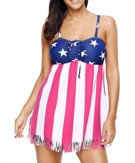 Sets Womens Tankini Top Boyshorts 2 Pieces Swimsuits Sports Bathing Suit Criss Cross Back American Flag Stars Plus Size - Str...