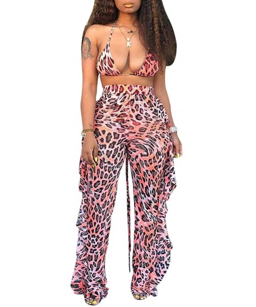 Cover-Ups Women Beading Pearl See Through Sheer Mesh 2 Pieces Outfits Jumpsuits Crop Top and Hollow Out Ruffle Long Pants Leo...