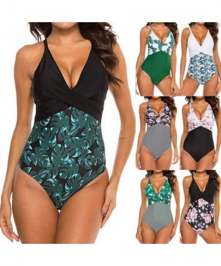 One-Pieces Swimsuits for Women One Piece Tummy Control-Twist Front Swimsuit High Neck Plunge Leaf Ruched Monokini Swimwear - ...