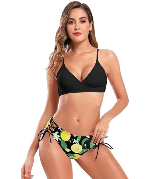 Sets Women's V Neck Lace up Bikini Set Floral Print Bottom Two Piece Swimsuits - Black - C518ZS0HD90