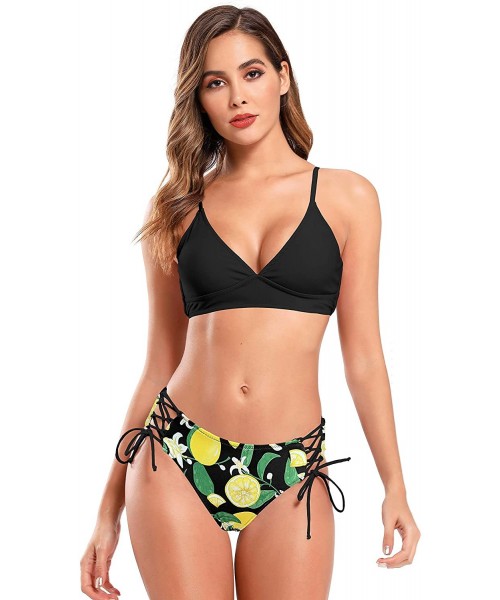 Sets Women's V Neck Lace up Bikini Set Floral Print Bottom Two Piece Swimsuits - Black - C518ZS0HD90