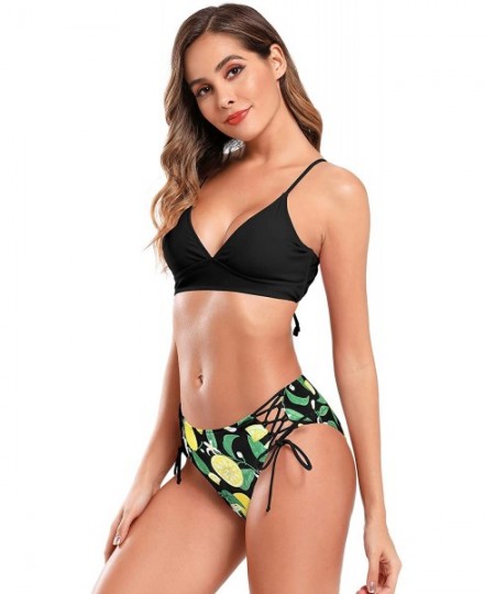 Sets Women's V Neck Lace up Bikini Set Floral Print Bottom Two Piece Swimsuits - Black - C518ZS0HD90