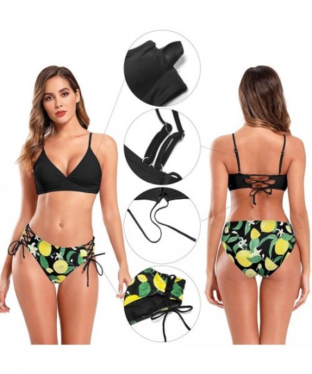 Sets Women's V Neck Lace up Bikini Set Floral Print Bottom Two Piece Swimsuits - Black - C518ZS0HD90