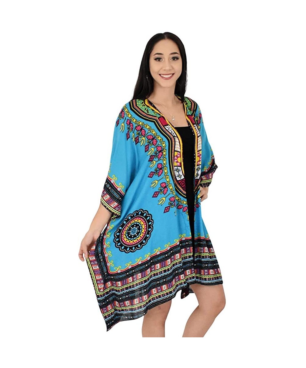 Cover-Ups Ladies Kimono Dashiki Print Beach Cardigan Cover-Up - Blue - CF18R4W6QIY