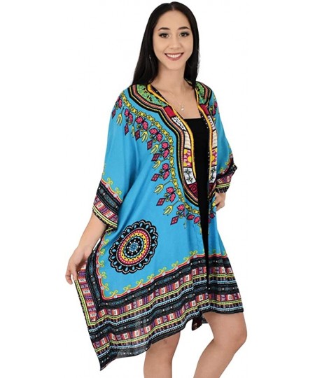 Cover-Ups Ladies Kimono Dashiki Print Beach Cardigan Cover-Up - Blue - CF18R4W6QIY