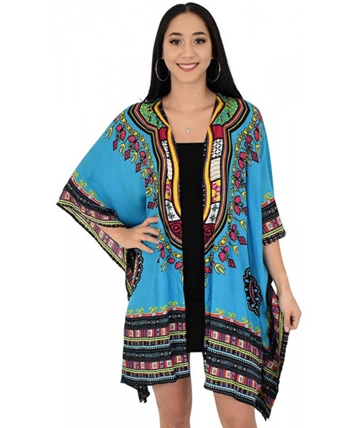 Cover-Ups Ladies Kimono Dashiki Print Beach Cardigan Cover-Up - Blue - CF18R4W6QIY