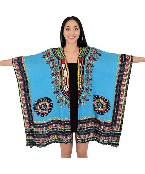 Cover-Ups Ladies Kimono Dashiki Print Beach Cardigan Cover-Up - Blue - CF18R4W6QIY