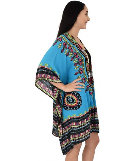 Cover-Ups Ladies Kimono Dashiki Print Beach Cardigan Cover-Up - Blue - CF18R4W6QIY