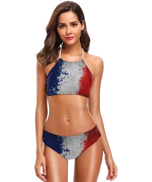 Sets Black and White American Flag Sexy Two Piece Bikini Swimsuit Swimwear Set for Women - Grunge France Flag - C518QW97WT0