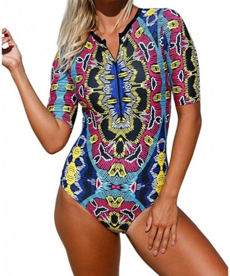 Racing Womens Zip Front Printed Half Sleeve One Piece Swimsuit Swimwear - Multicoloured - CQ1858LQYC9