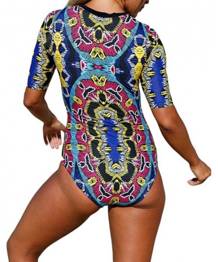 Racing Womens Zip Front Printed Half Sleeve One Piece Swimsuit Swimwear - Multicoloured - CQ1858LQYC9