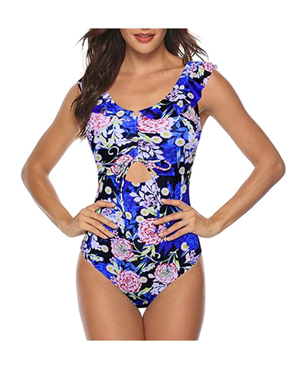 Tankinis Women One Piece Swimsuit High Neck Plunge Mesh Ruched Monokini Swimwear - F-blue - CB1947T8R35