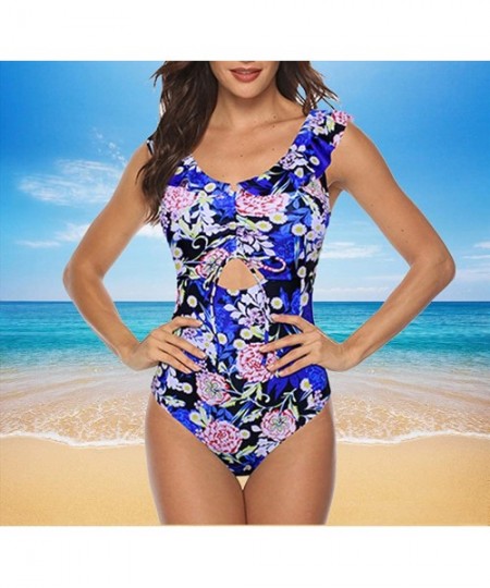 Tankinis Women One Piece Swimsuit High Neck Plunge Mesh Ruched Monokini Swimwear - F-blue - CB1947T8R35